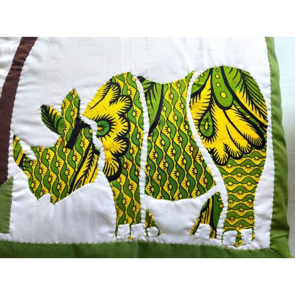 THROW PILLOW-Sasik-Zanzibar-Hand Made-Green Yellow-Rhinoceros-Applique-19"x19" - Picture 2 of 9